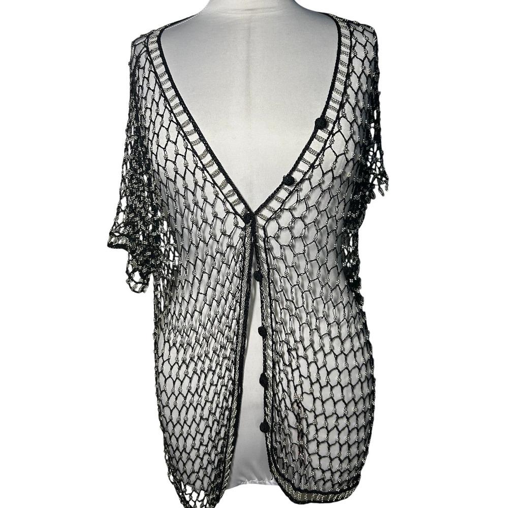 Style Style Style Beaded Fishnet Crochet Cardigan Black Silver Mesh Top OS